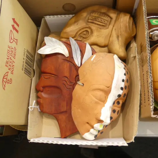 BOX  8 ASST WALL MASKS; WOODEN CARVED, POTTERY, CLAY, ETC..