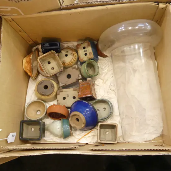 BOX OF SMALL ORIENTAL BONSAI POTS + LG GLASS VASE