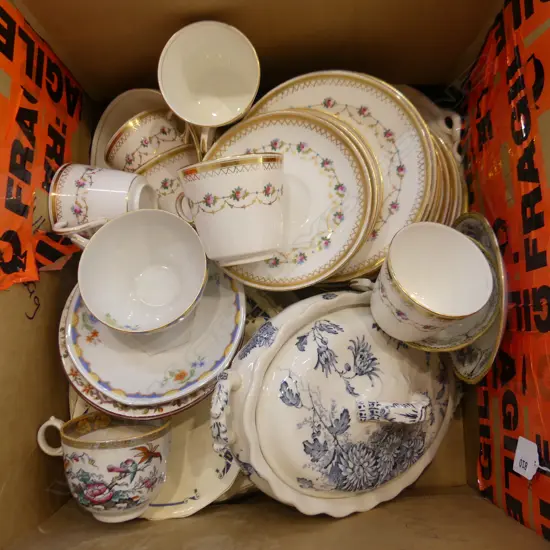 BOX LOT PART TEASETS INCL MEAKIN 'ORIENT'  UNMARKED EUROPEAN PORCELAIN & TERRINE