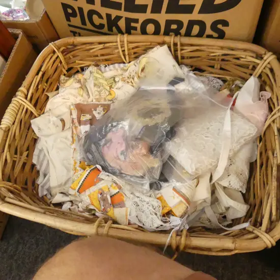 BIG BASKET ASST FABRIC, LACE, INSIGNIAS, OSTRICH & OTHER FEATHERS ETC.