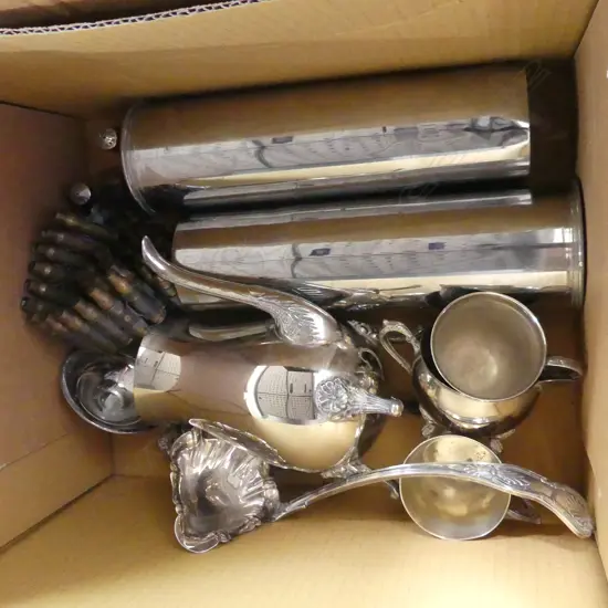 BOX ASST INCL. SILVER PLATE LADLE, COFFEE POT ETC PLUS SHELL CASINGS, BULLET BELT ETC..
