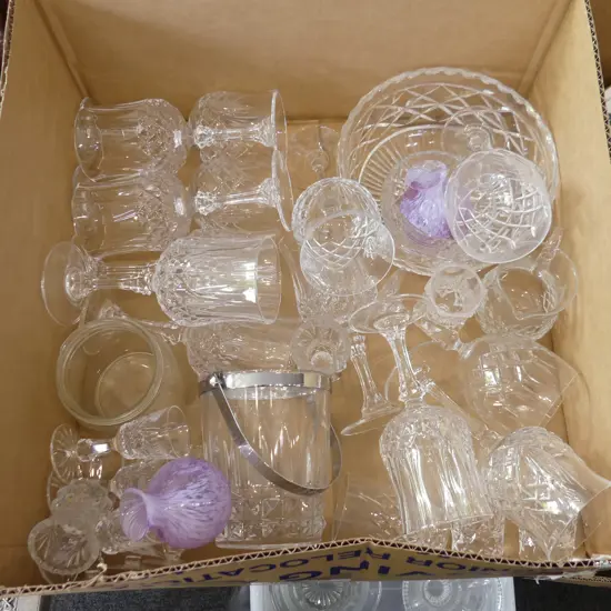 BIG GOOD BOX LOT ASST CRYSTAL & GLASS INCL WINE GLASSES, ICE BUCKET ETC..