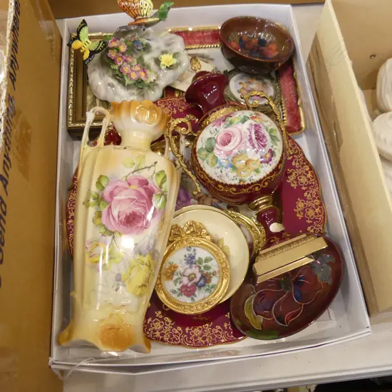 BOX LOT LIMOGES PLATE, 2 MOORCROFT PIN DISHES ETC