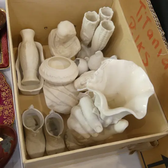 11 PCES ASST. PARIAN WARE; HAND VASE H.200mm (chip), 2 BUSTS, PR SHOES, ETC 