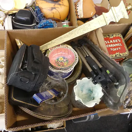 BOX LOT CARL ZEISS CAMERA, CRYSTAL, TALL BRASS CANDLESTICK ETC