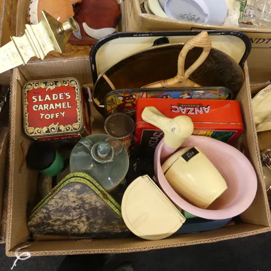 BOX LOT TINS BRASS ETC