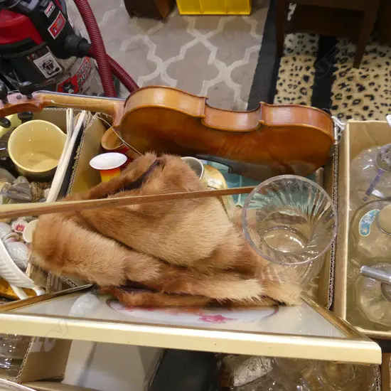 BOX LOT VIOLIN, FUR STOLE, ASST. VASES ETC