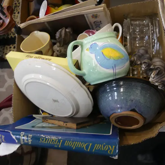 BOX LOT ASST. CHINA, CHARLES & DI MEMORABILIA, REF. BOOK 'ROYAL DOULTON FIGURES' ETC