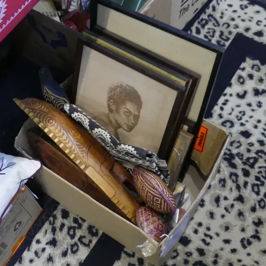 BOX LOT PNG PRINTS MASKS TAPA CLOTH ETC