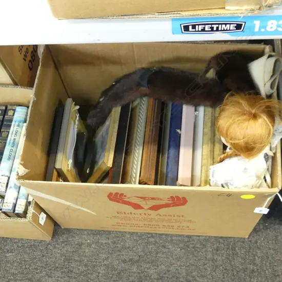 BOX LOT ASST. PRINTS + FURS & CHRISTENING GOWN