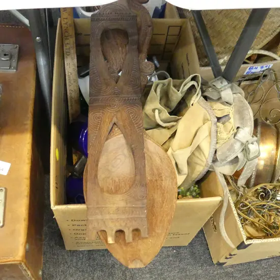 BOX LOT ENAMEL COFFEE POTS RUCKSACK & WOOD ITEMS