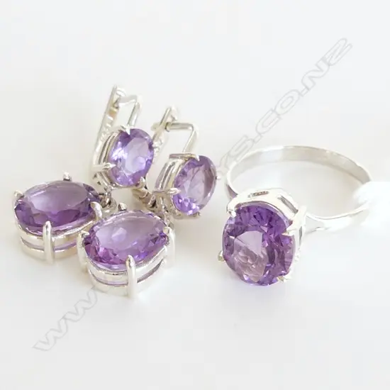 3 PC SET - AMETHYST & 925 SILVER RING & DROP EARRINGS 