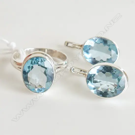 3 PC SET; BLUE TOPAZ & 925 SILVER RING & DROP EARRINGS