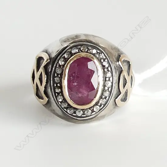 SILVER AND GOLD RUBY AND DIAMOND RING SIZE P 1/2
