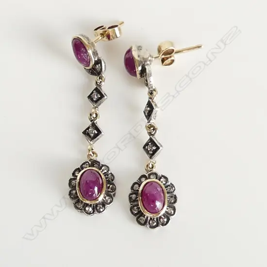 PAIR SILVER AND GOLD RUBY AND DIAMOND EARRINGS 
