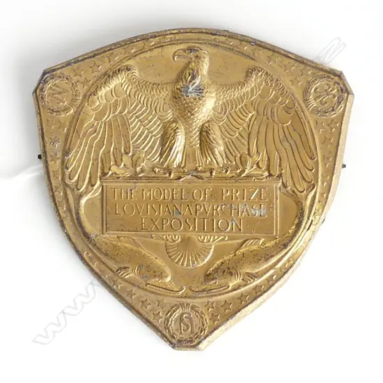 1904  'MODEL OF PRIZE LOUISIANA PURCHASE EXHIBITION'  GILT METAL BADGE H.72mm