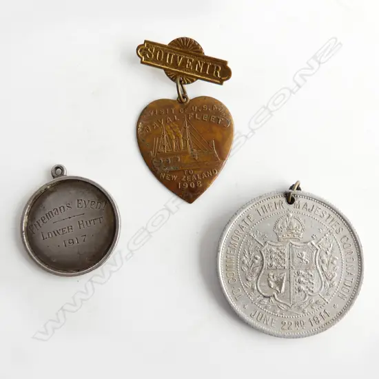 3 OLD MEDALLIONS: 'VISIT OF US NAVAL FLEET' + silver 'FIREMAN'S EVENT' + aluminum 1911 Coronation  