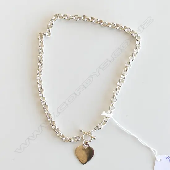 SILVER NECKLACE WITH HEART CHARM & FOB, MARKED SILVER, 33.70gms