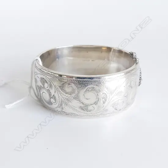 WIDE SILVER HALF ENGRAVED BANGLE dent to back 41gms