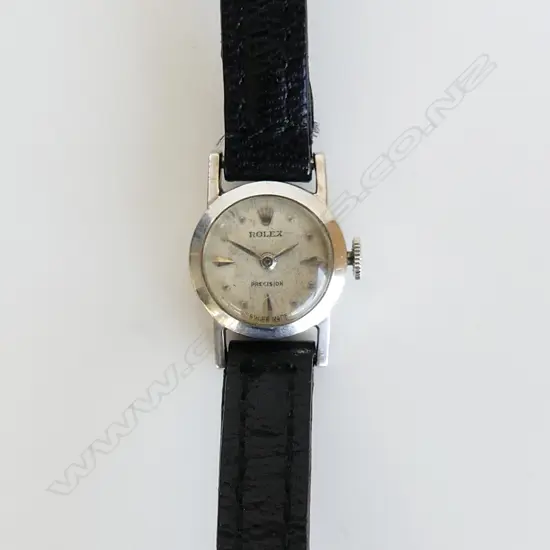 LADIES SM ROLEX 18CT WHITE GOLD 'PRECISION' WATCH, BLACK LEATHER STRAP, WORKING