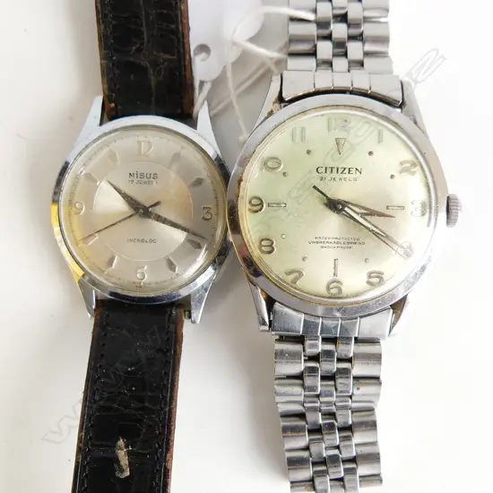 2 GENTS VINTAGE WRIST WATCHES: CITIZEN w 'unbreakable spring'  + NISUS. both running