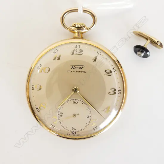 GOLD PLATED TISSOT POCKET WATCH AND ONE DIAMOND SET CUFF LINK