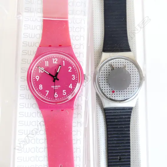 2 SWATCH WATCHES, IN CASES, 1 RED STRAP, 1 BLACK