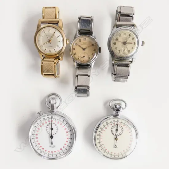 2 working STOP WATCHES + 3 VINTAGE GENTS WATCHES 1 working