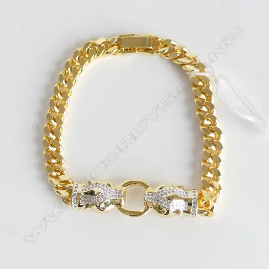 GOLD GILT CUBR LINK CHAN BRACELET WITH DOUBLE PANTHER HEADS