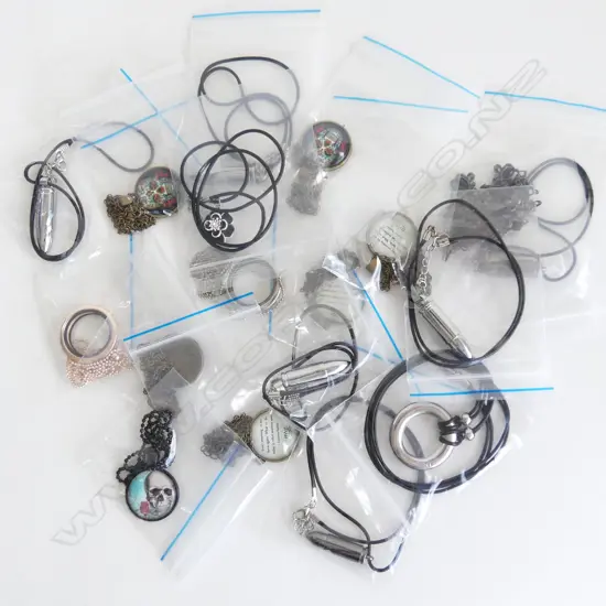 2 GLASS CHARM NECKLACES + 7 BRASS & ENAMEL NECKLACES & CHAINS & 9 ASST NECKLACES - BLACK TWINE(NEW IN BAGS FOR RESALE)