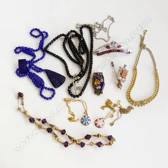 EGYPTIAN GLASS NECKLACE. AIRPORT FIRE SERVICE BADGE. 9CT GOLD BEADS ON BASE METAL /TURQ/SEED PEARLS NECKLACE