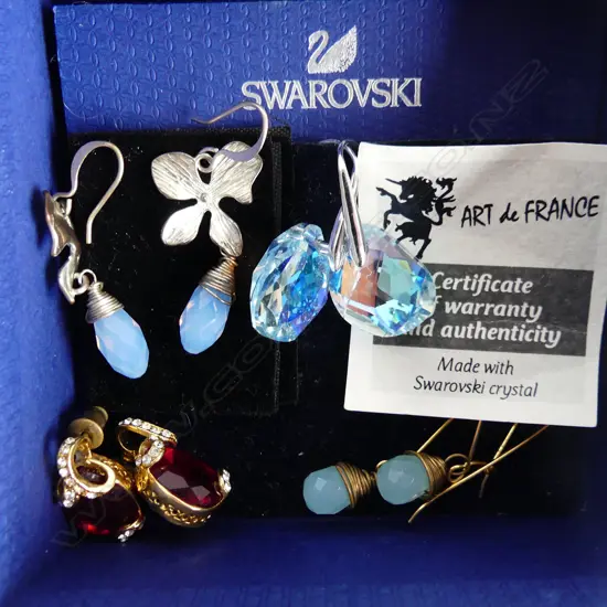 4 PRS DROP EARRINGS, SWAROVSKI CRYSTAL, ART DE FRANCE CRYSTAL & 2 OTHERS (GOLD HOOKS?) 