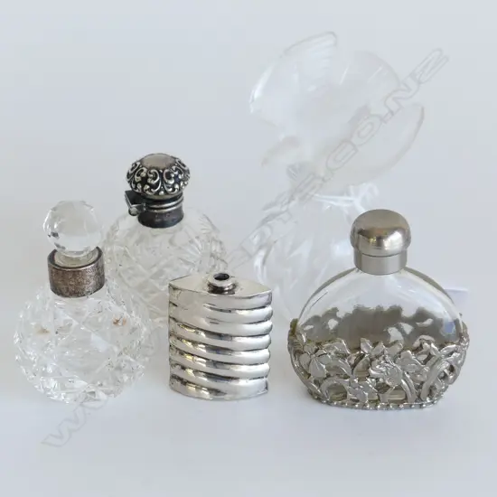 4 ASST CUT GLASS & STG SILVER & EP SCENT BOTTLES + 1 WITH DOVE STOPPER (a/f) (H.90mm)