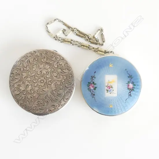 STG SILVER COMPACT WITH MIRROR (DIA 52mm) 50gms + ENAMEL & SILVER POWDER COMPACT WITH CHAIN (DIA 50mm)