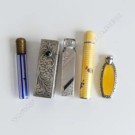 4 MINIATURE SCENT BOTTLES INCL ENAMEL & STG ETC + 800 SILVER LIPSTICK HOLDER