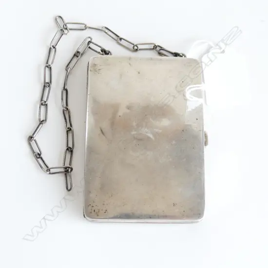 ART DECO EUROPEAN SILVER & LEATHER WALLET & MIRROR WITH CHAIN L. 88mm 89gms