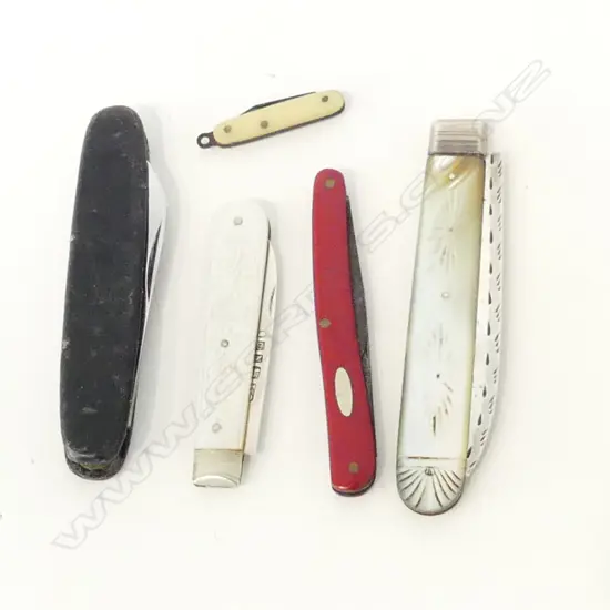 2 VICTORIAN SILVER & MOP POCKET KNIVES & 3 others incl miniature