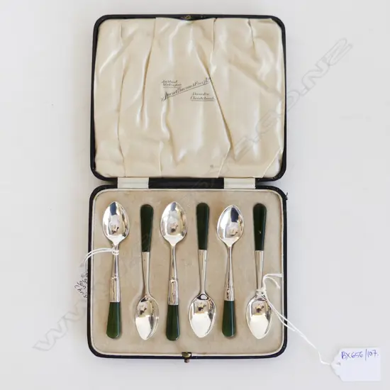 SET OF 6 STERLING SILVER & GREENSTONE TEASPOONS, CASED