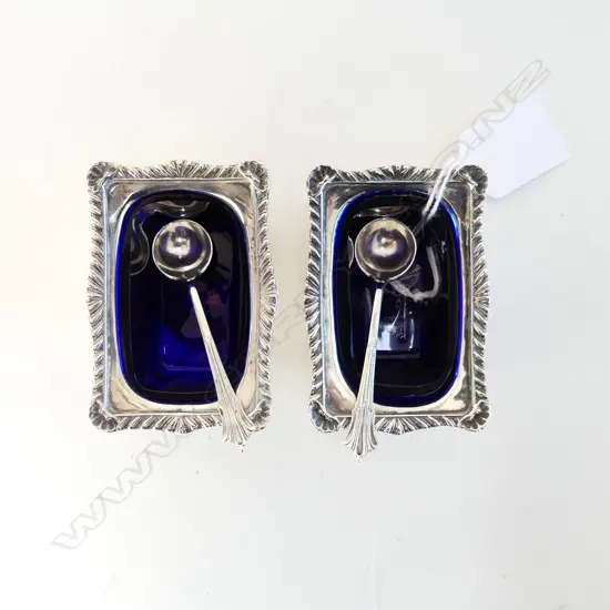 PR BLUE GLASS LINED STG SILVER SALTS WITH SPOONS 104gm silver wgt, BIRM. 1910