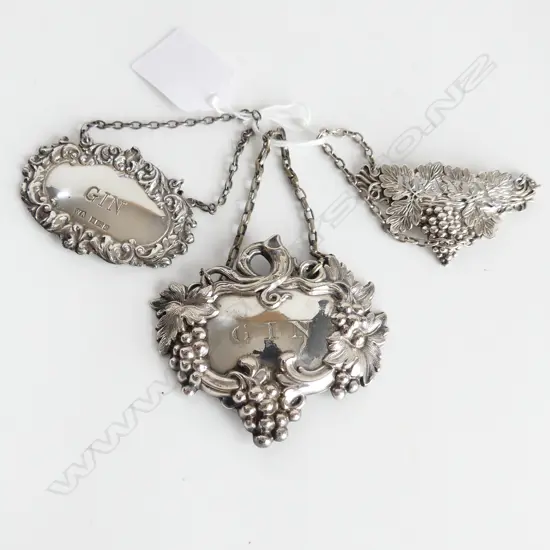 3 SILVER BOTTLE TAGS, 2 GIN, 1 BRANDY 1 WITH HALLMARK