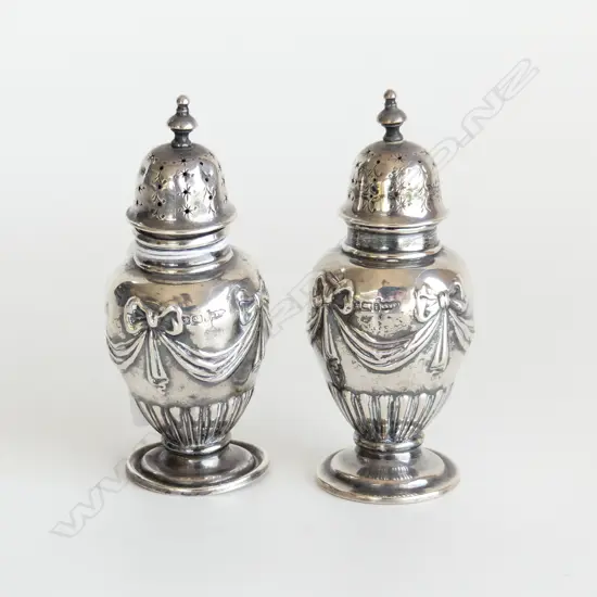 WALKER & HALL STG SILVER SALT & PEPPER SHAKERS, SWAG DESIGN, BIRM. 1885 87GMS H.100mm