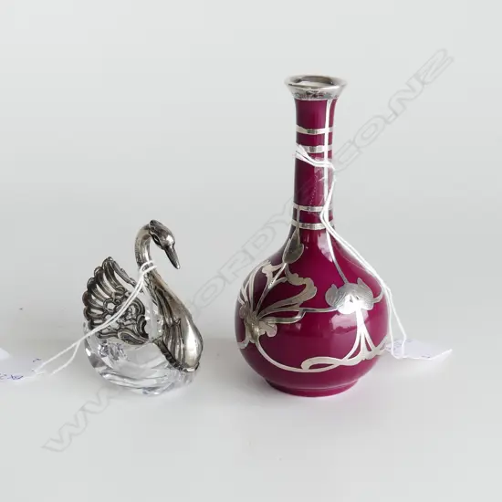 PORCELAIN & SILVER OVERLAY ART NOUVEAU VASE (H. 135mm) & GLASS SWAN WITH SILVER PLATE WINGS & HEAD, WINGS FORM LID H75mm