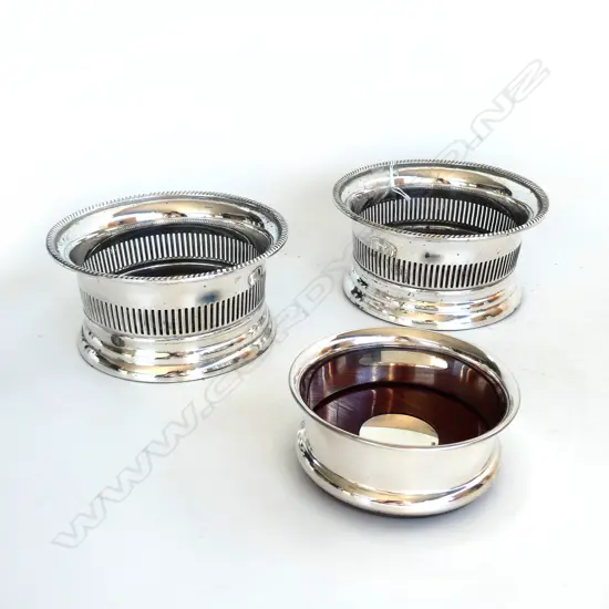 STG SILVER WINE COASTER, WOODEN BASE, LOND. 2004 & PR SILVER PLATE & WOODEN BASE WINE COASTERS