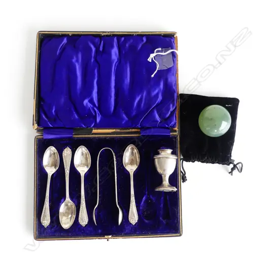 CASED STG SILVER COFFEE SPOONS (4 ONLY) & SUGAR TONGS, 81GMS +  JADE BALL & SM POT, NO LID