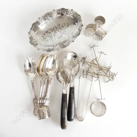 SM BOX ASST SILVER PLATE, THAI SILVER ETC.. INCL KNIFE RESTS, NAPKIN RINGS ETC.