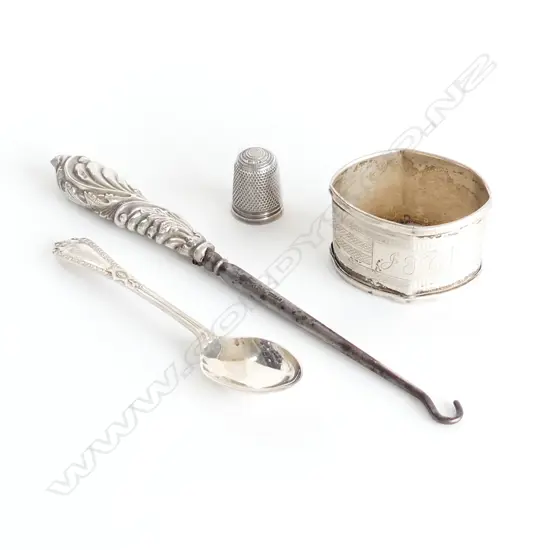 4 PCS ASST STG SILVER; COFFEE SPOON, NAPKIN RING, THIMBLE & BUTTON HOOK