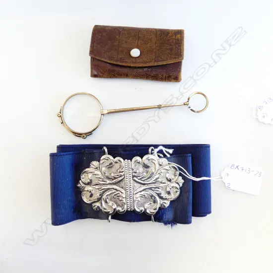 VINTAGE STG SILVER BELT BUCKLE & LORGNETTE WITH LEATHER CASE
