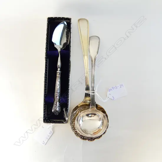 GOLD LINED, EUROPEAN SILVER SUGAR SIFTER SPOON (L215mm) STG SILVER SAUCE LADLE & BOXED SUGAR SPOON 168gms