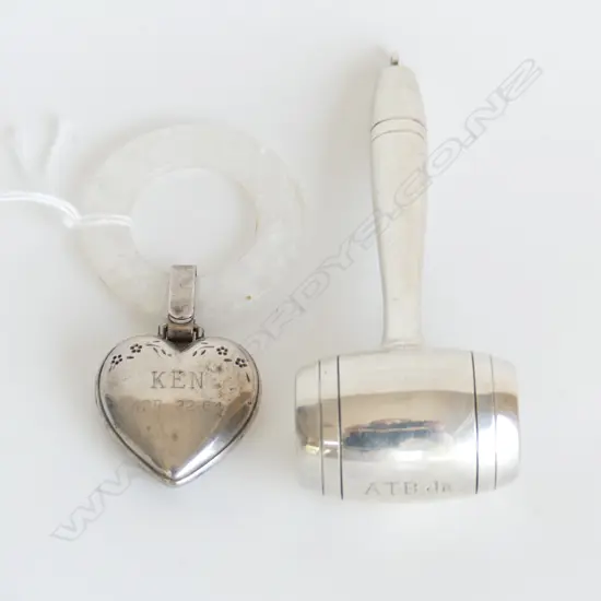2 VINTAGE BABY RATTLES; LULLABY STG SILVER HEART WITH RING + 1 SILVER PLATED
