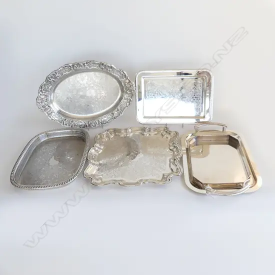6 ASST SILVER PLATE TRAYS, VARIOUS SIZES, ROUND & RECTANGLE
